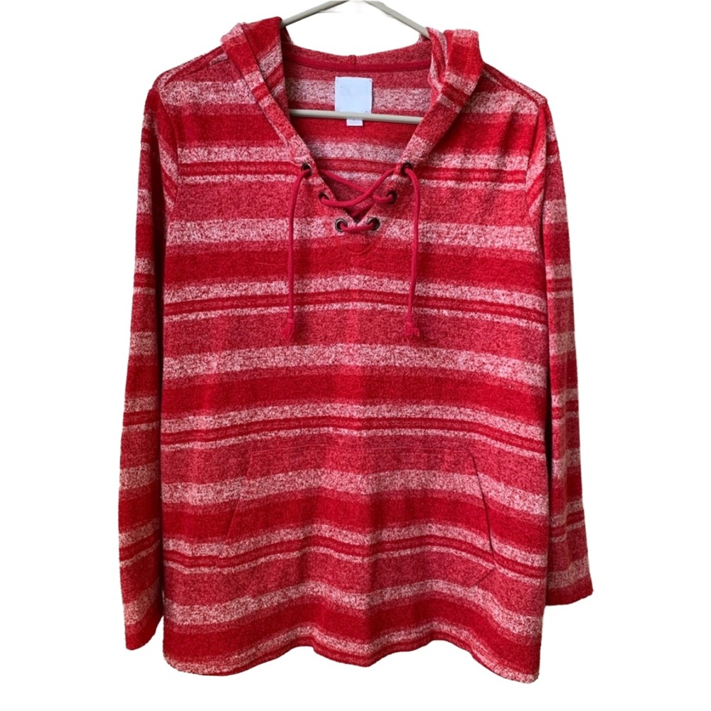 SUNDAY Women’s Red & White Heather Stripe Long Sleeve Hooded Sweater